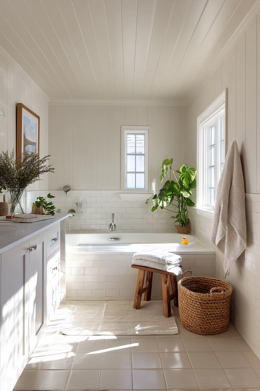 Soft Beadboard Ceiling in a Family Bath