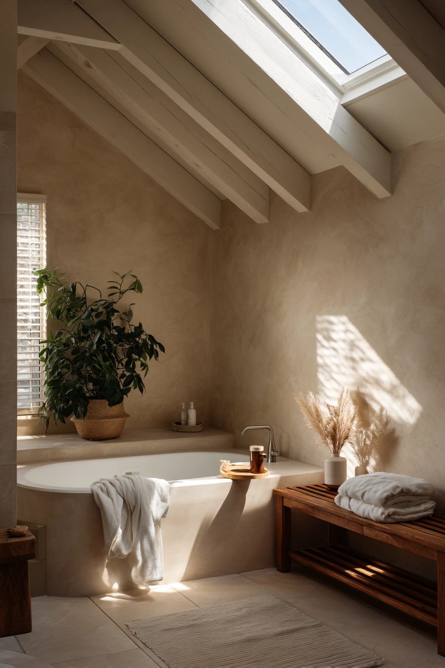 Vaulted Bathroom Ceiling with Skylight Drama