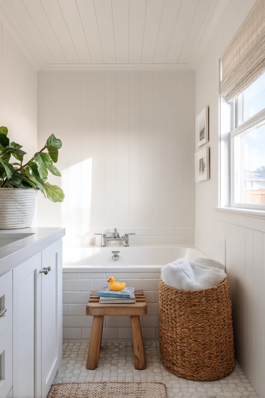 Soft Beadboard Ceiling in a Family Bath