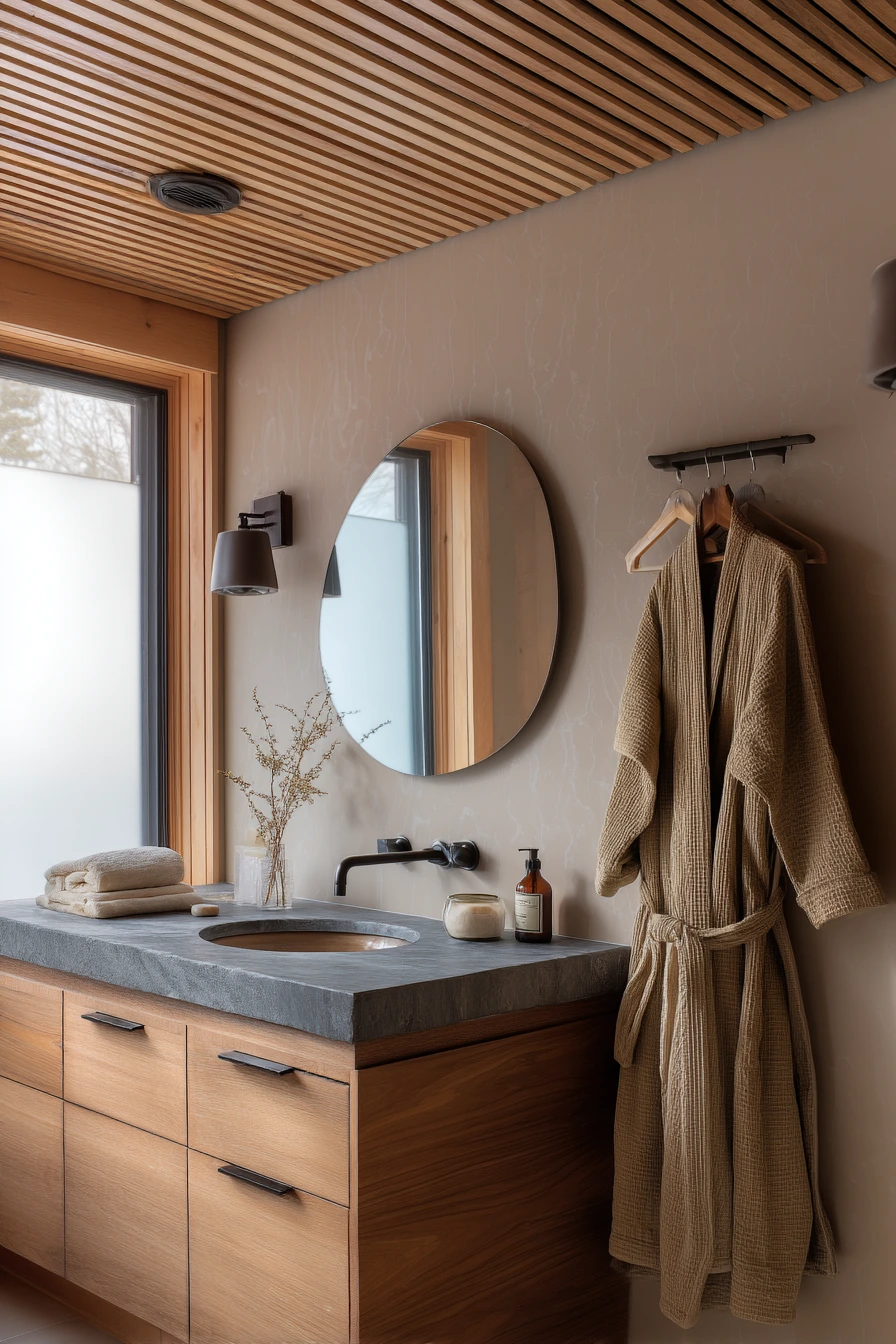 Moody Slatted Wood Ceiling for a Spa-Like En Suite