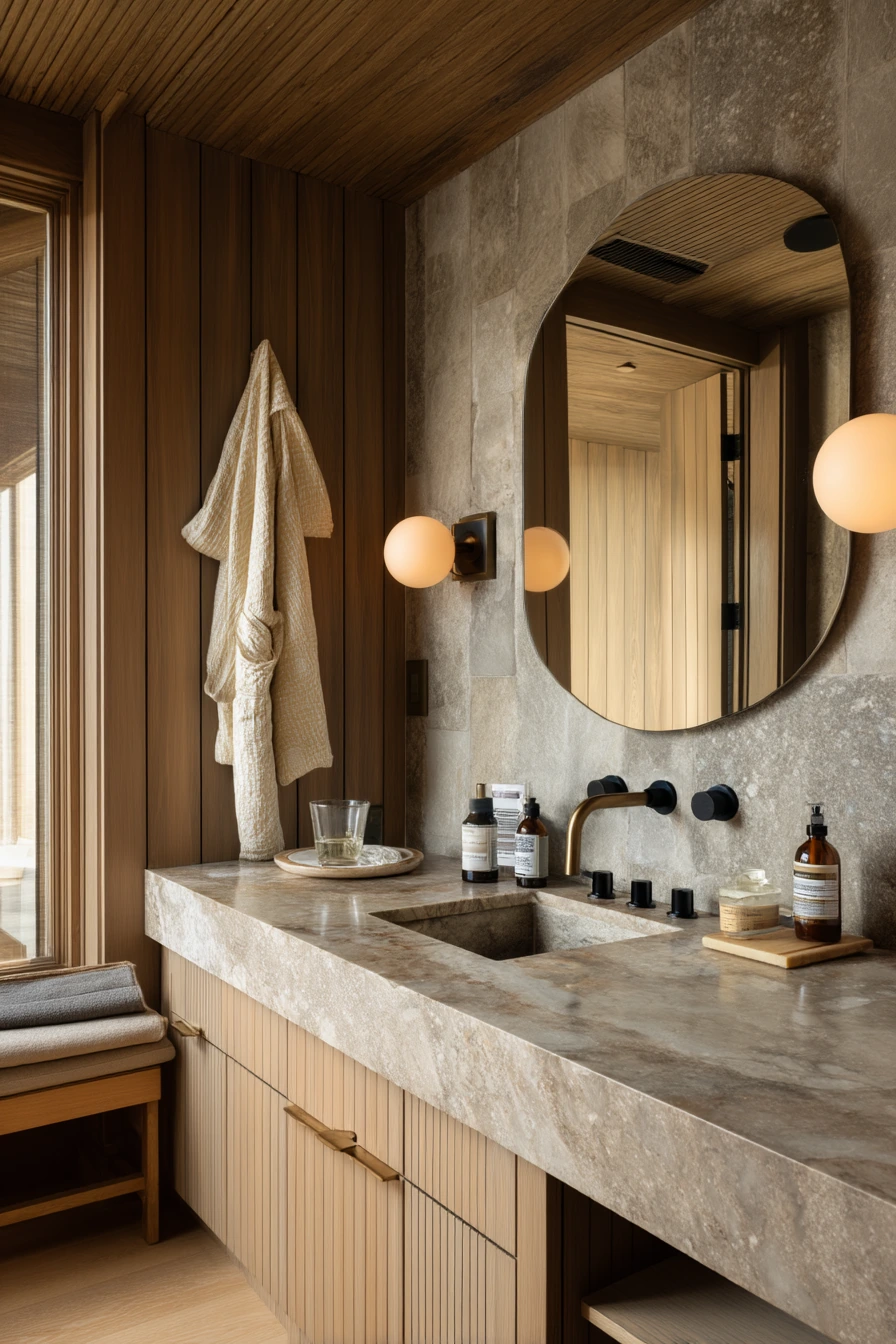 Moody Slatted Wood Ceiling for a Spa-Like En Suite