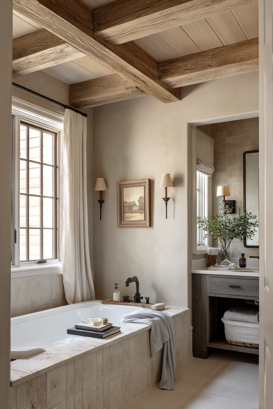 Coffered Wood Ceiling in a Primary Bath
