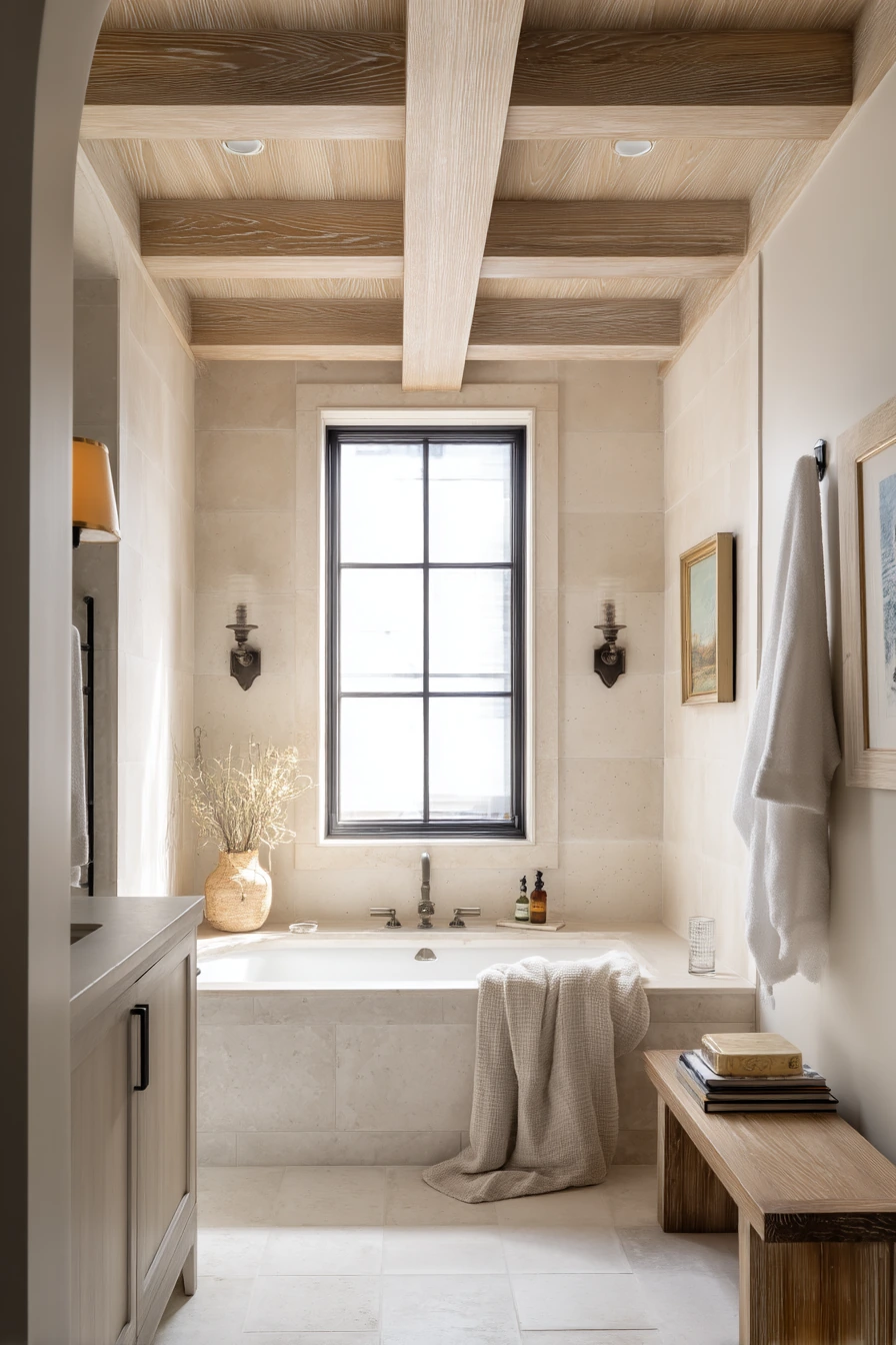 Coffered Wood Ceiling in a Primary Bath