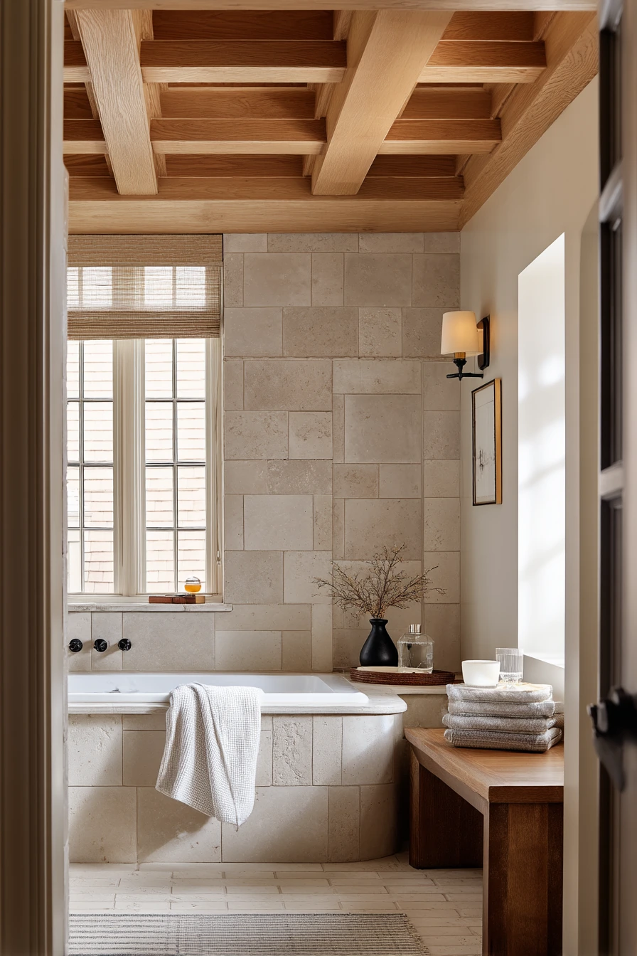 Coffered Wood Ceiling in a Primary Bath