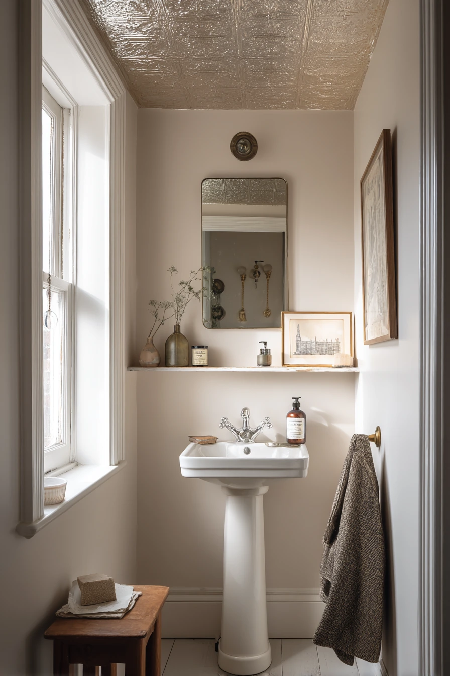 Tin Tile Ceiling in a Renter-Friendly Powder Room