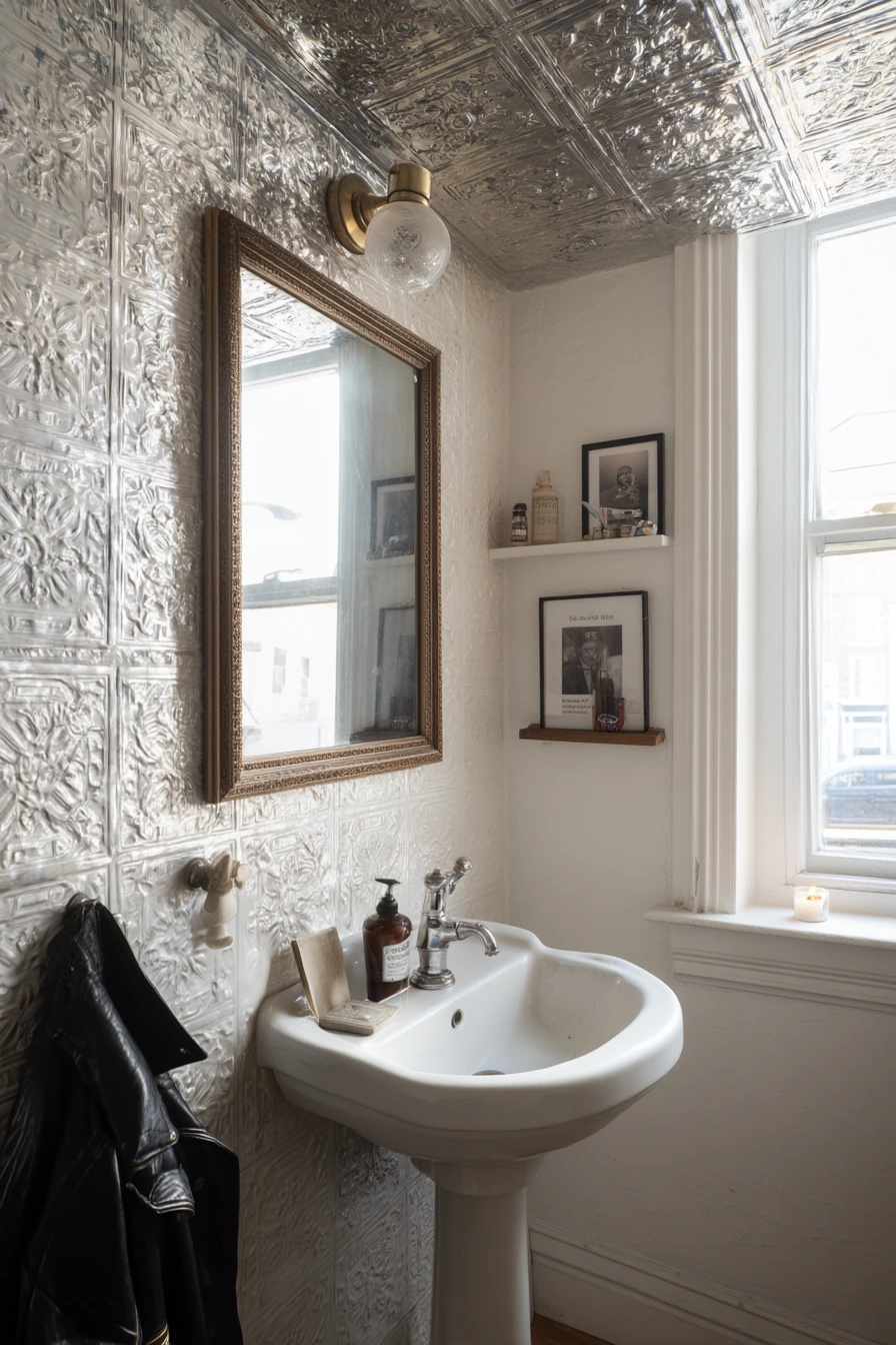 Tin Tile Ceiling in a Renter-Friendly Powder Room
