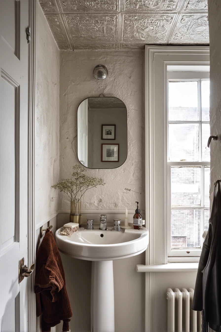 Tin Tile Ceiling in a Renter-Friendly Powder Room