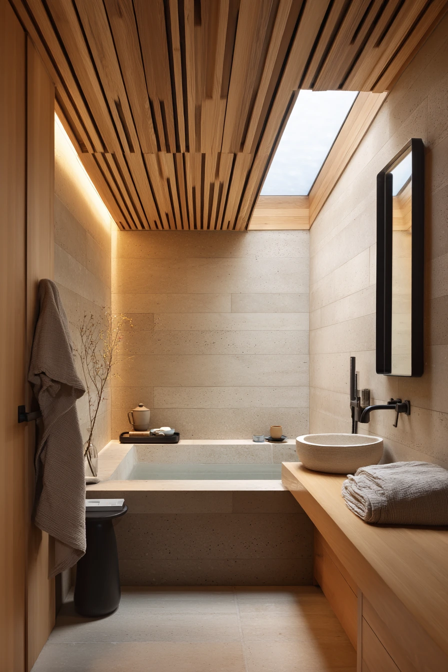 Skylit Slat Ceiling Above a Spa Bath