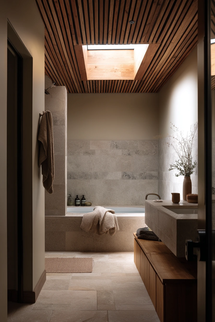 Skylit Slat Ceiling Above a Spa Bath