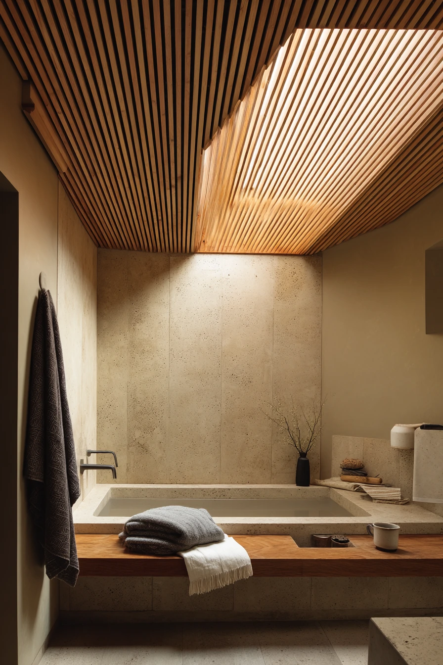 Skylit Slat Ceiling Above a Spa Bath