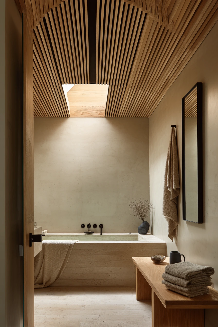 Skylit Slat Ceiling Above a Spa Bath
