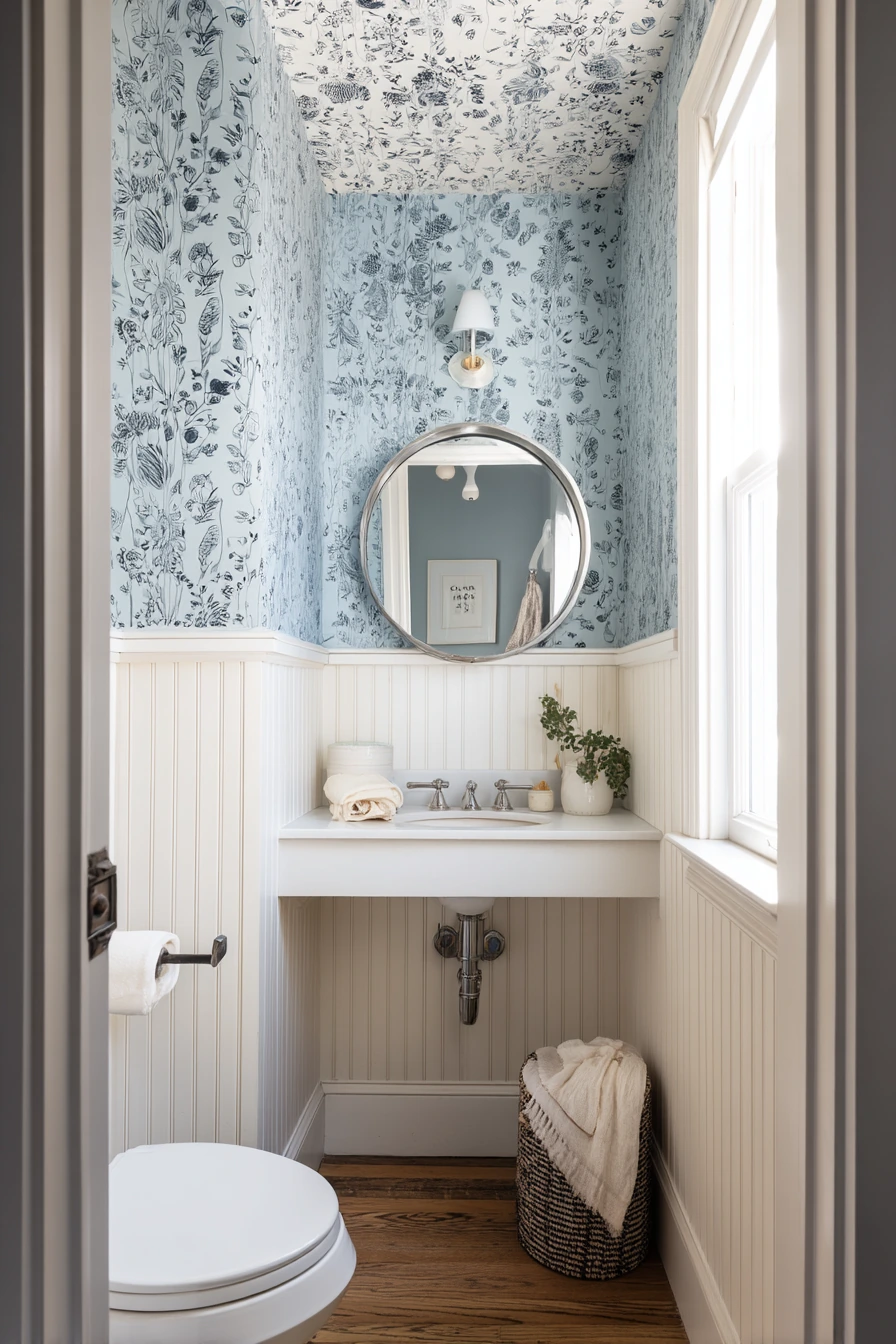 Wallpapered Ceiling in a Shared Hall Bath