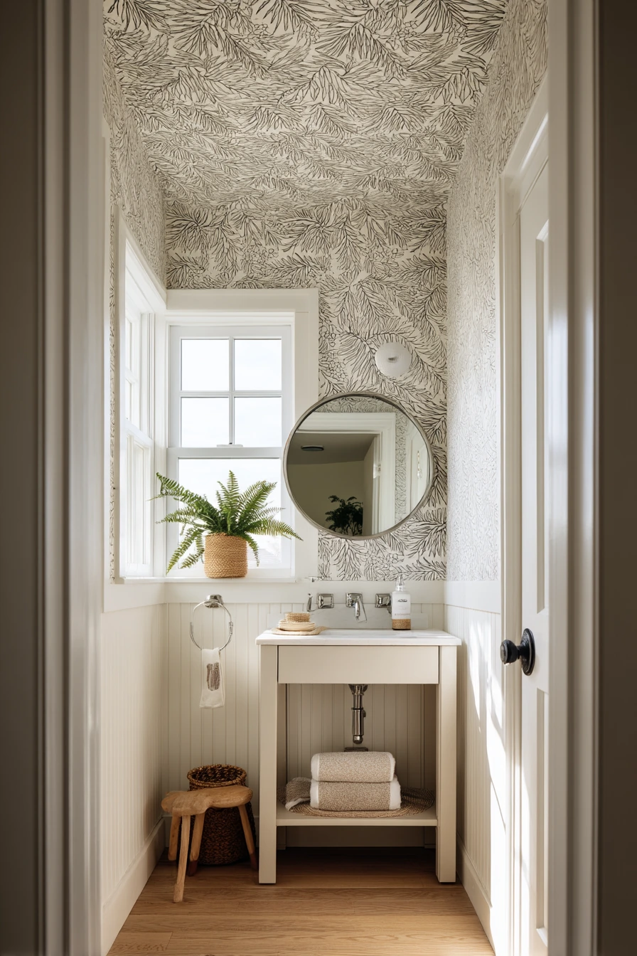 Wallpapered Ceiling in a Shared Hall Bath