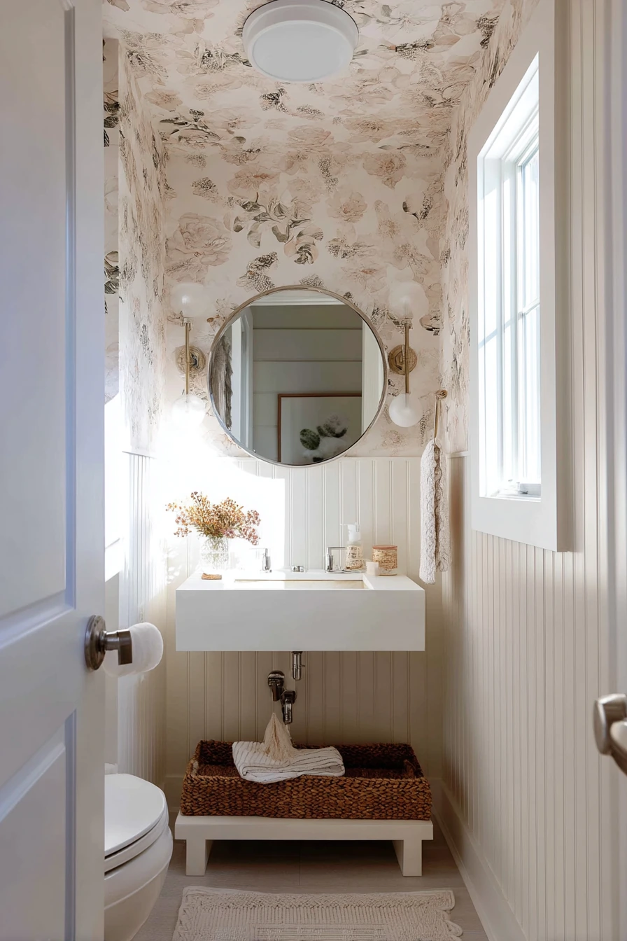 Wallpapered Ceiling in a Shared Hall Bath