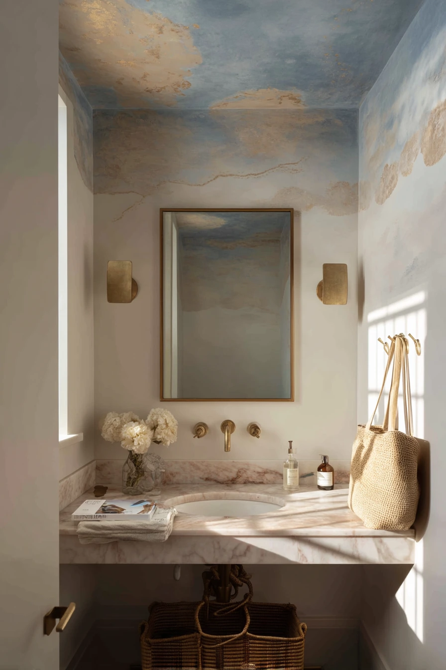 Hand-Painted Mural Ceiling in a Guest Bath