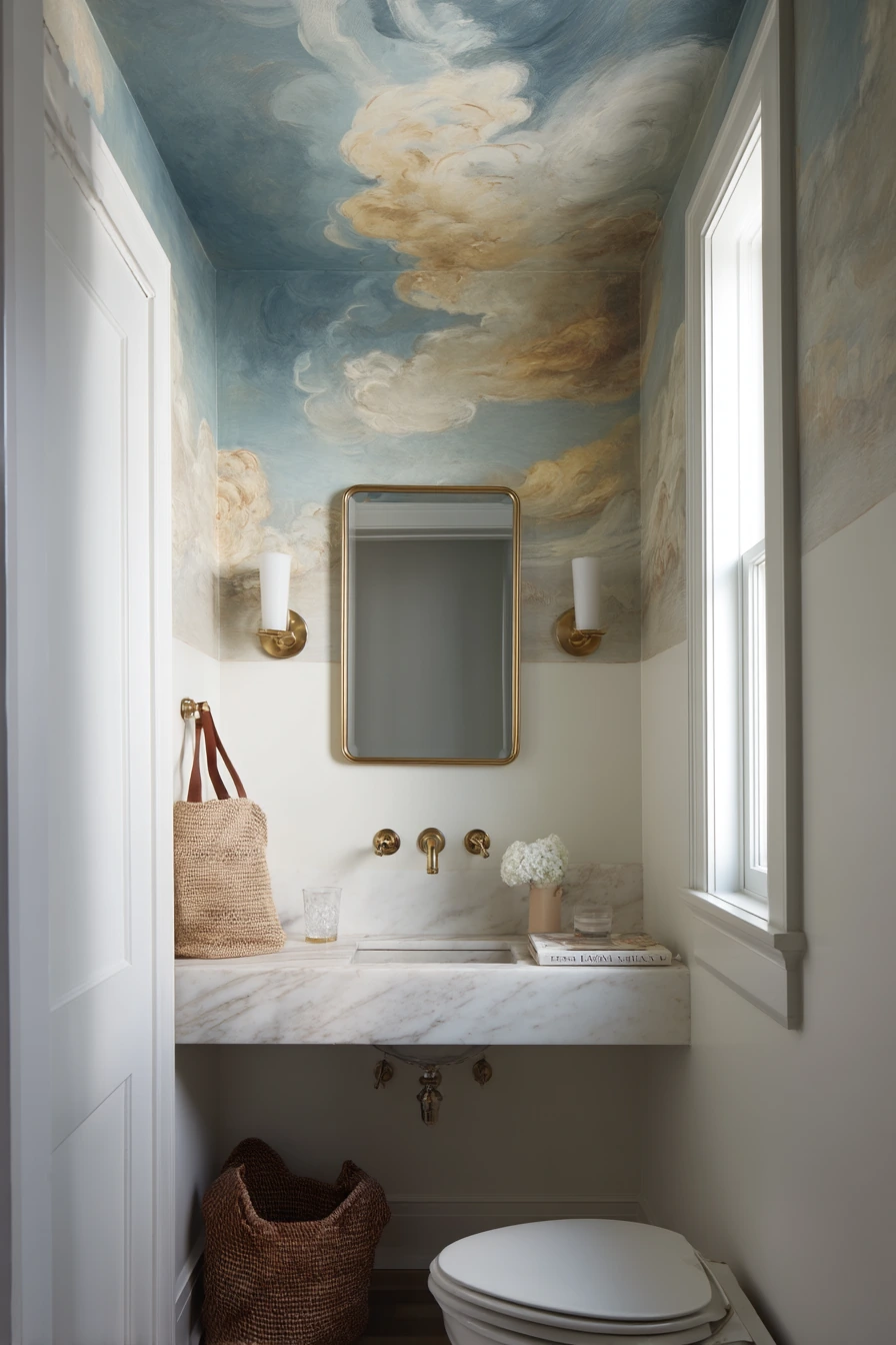 Hand-Painted Mural Ceiling in a Guest Bath