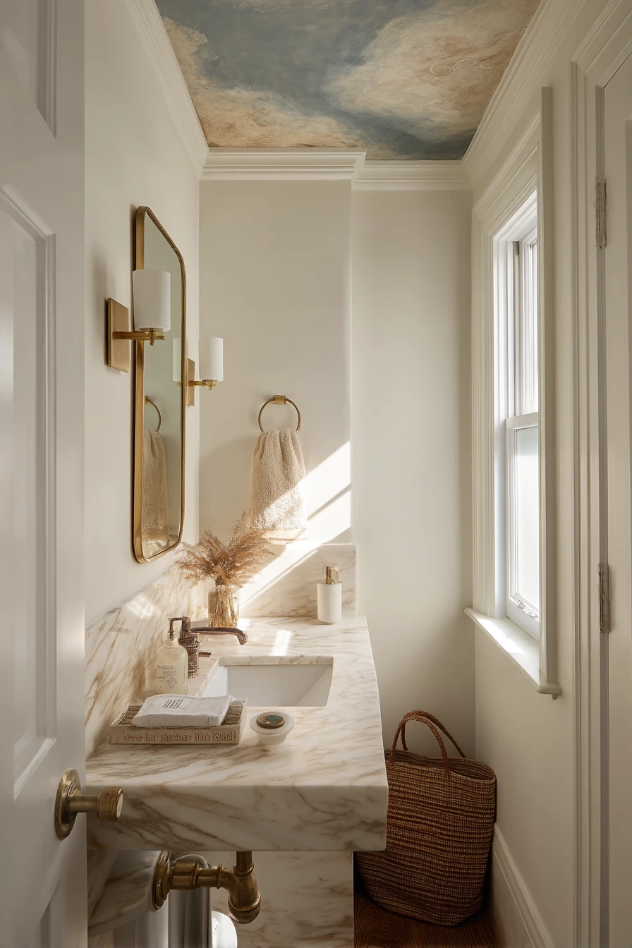 Hand-Painted Mural Ceiling in a Guest Bath