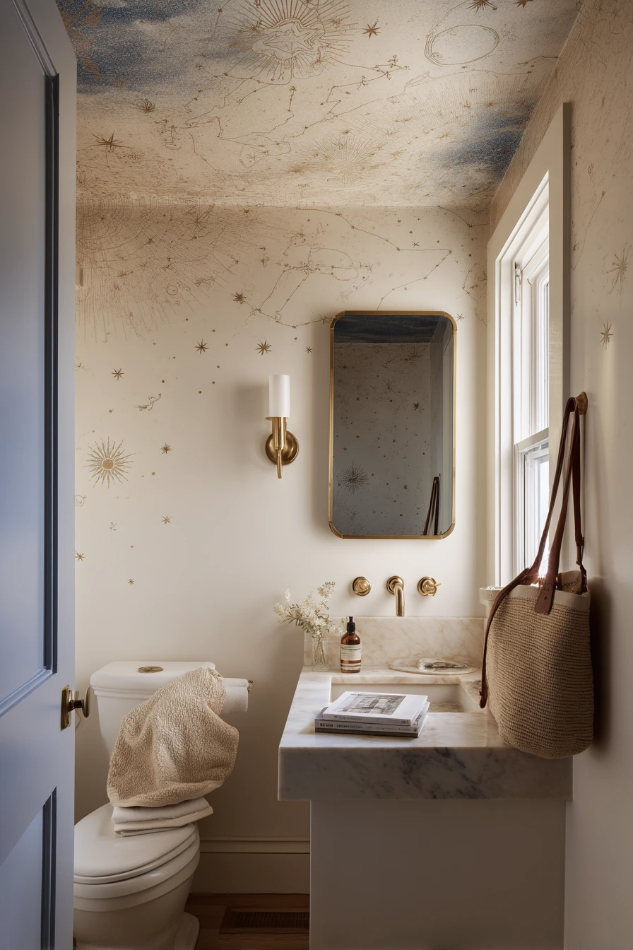 Hand-Painted Mural Ceiling in a Guest Bath