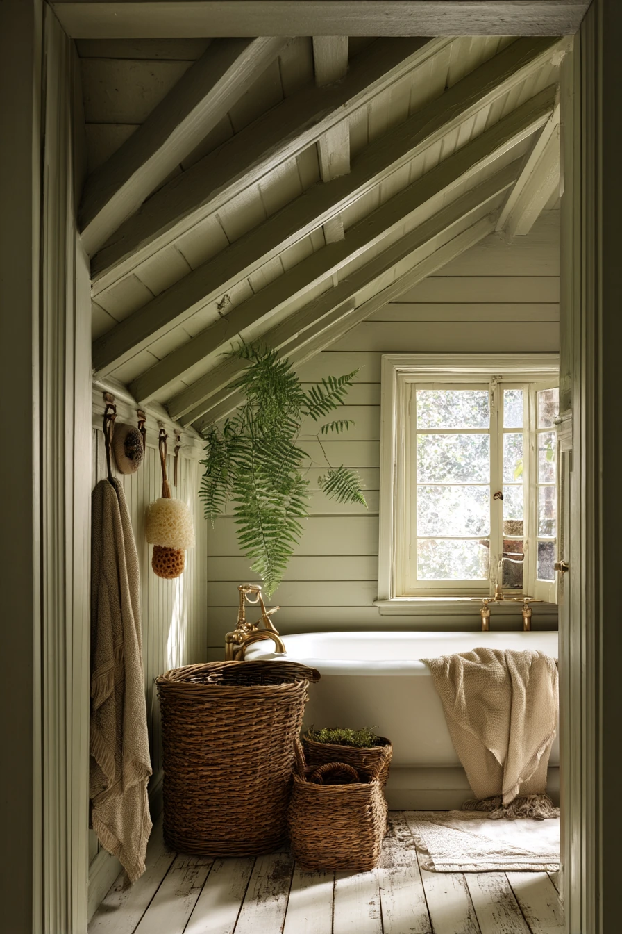 Beamed Cottage Ceiling Over a Tub Nook