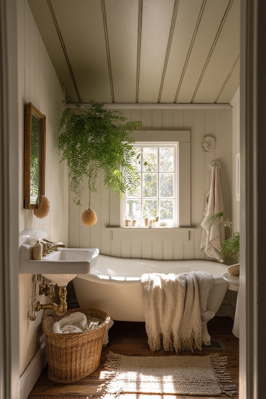 Beamed Cottage Ceiling Over a Tub Nook