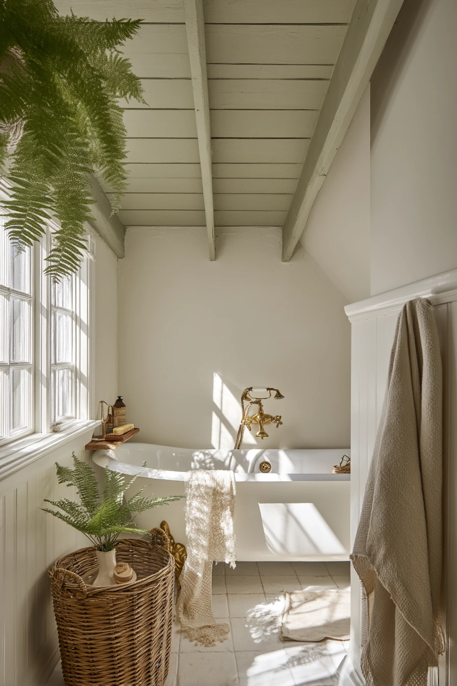 Beamed Cottage Ceiling Over a Tub Nook