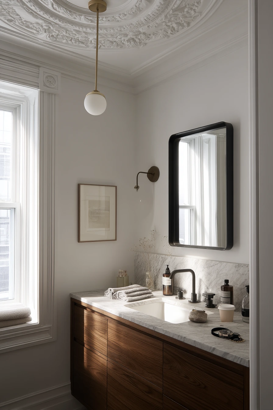 Graphic Ceiling Medallion in a Chic Apartment Bath