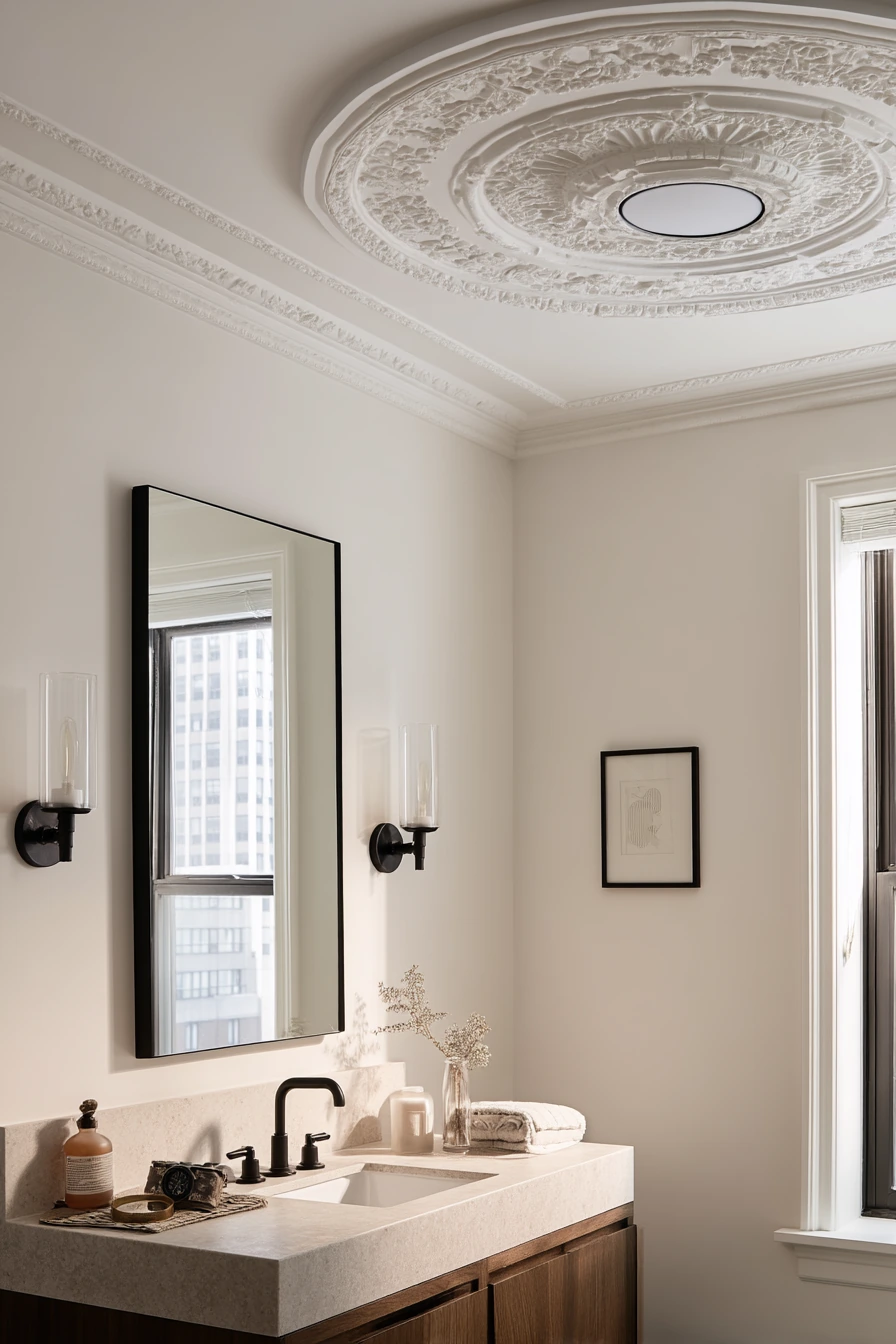 Graphic Ceiling Medallion in a Chic Apartment Bath