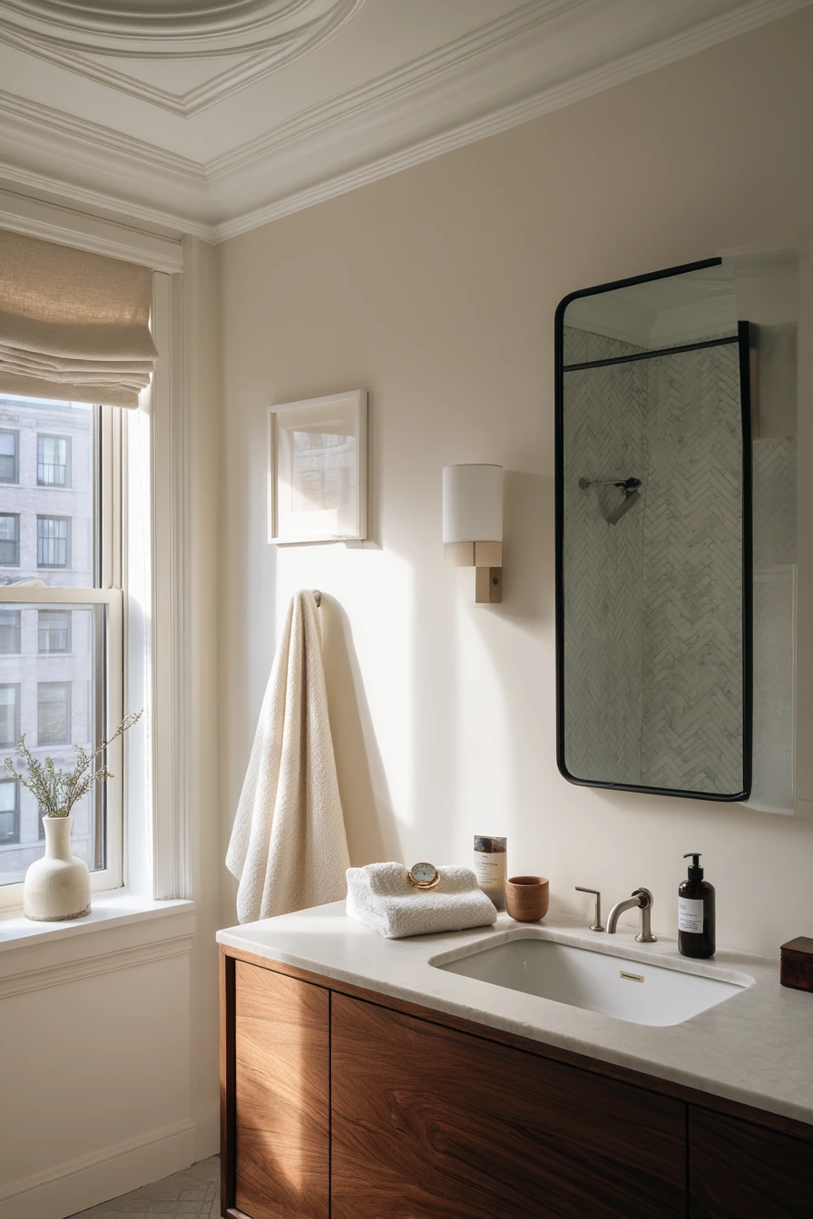 Graphic Ceiling Medallion in a Chic Apartment Bath