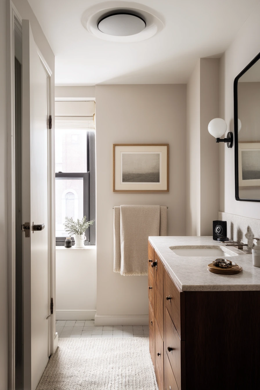 Graphic Ceiling Medallion in a Chic Apartment Bath