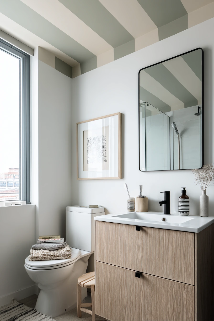 Painted Ceiling Stripes Over a Compact Ensuite