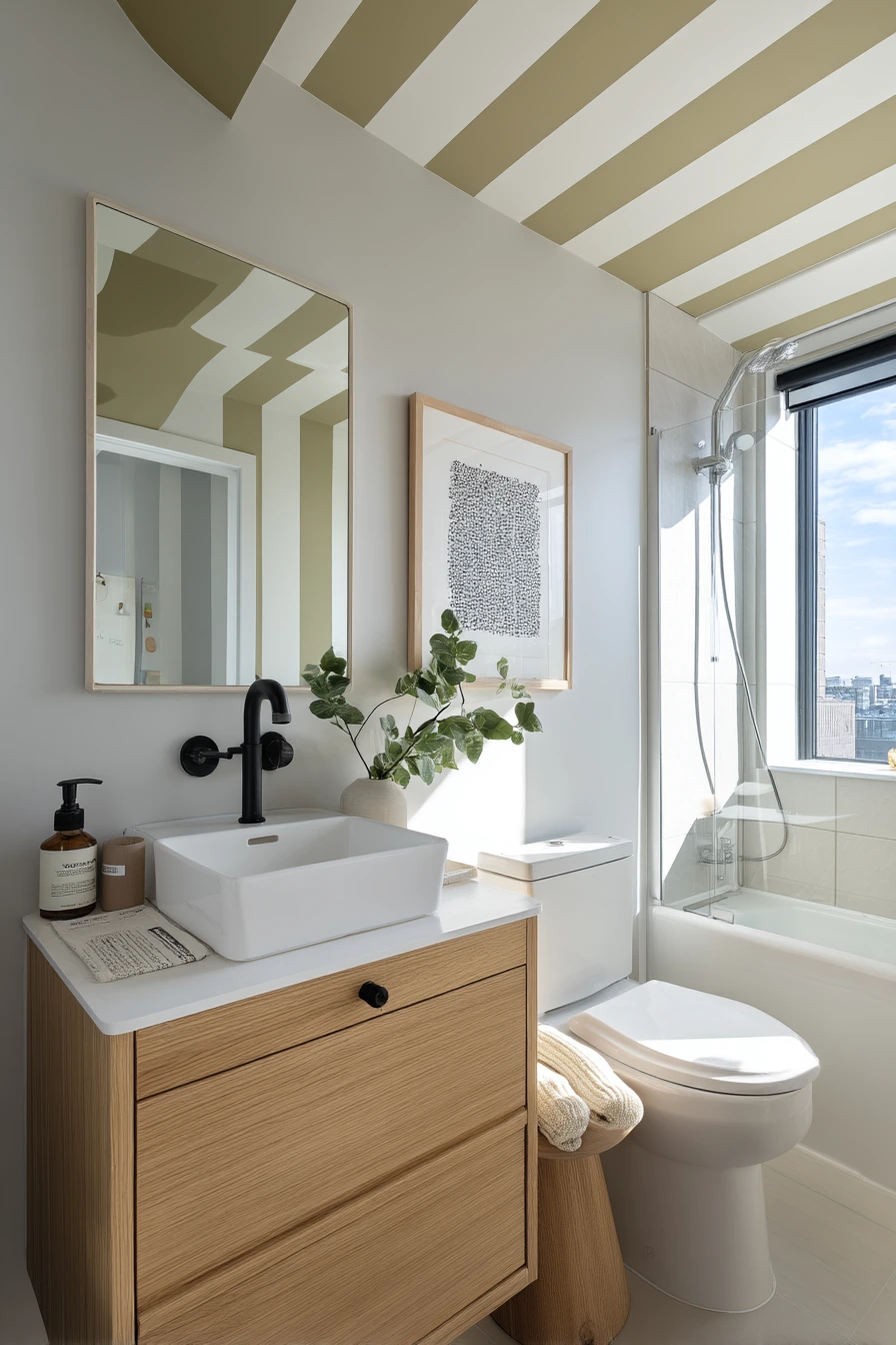 Painted Ceiling Stripes Over a Compact Ensuite