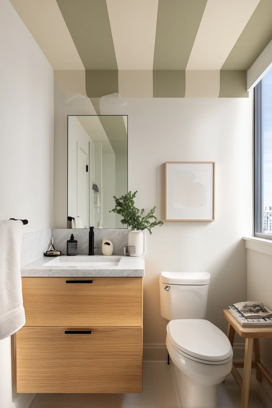 Painted Ceiling Stripes Over a Compact Ensuite
