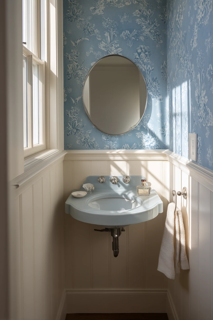 Powder Room Chair Rail with Wallpaper Above