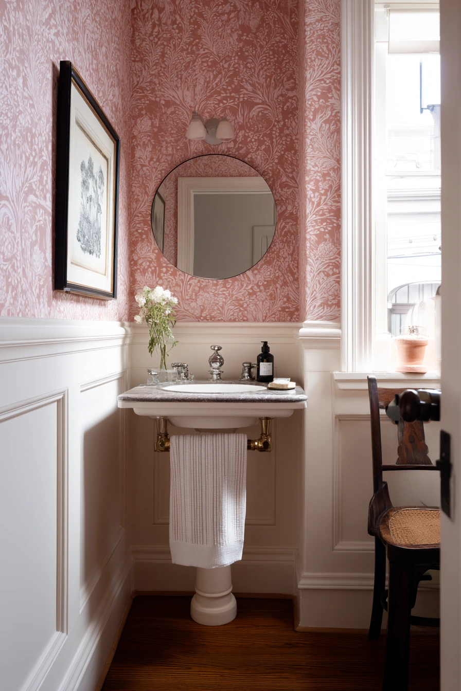 Powder Room Chair Rail with Wallpaper Above