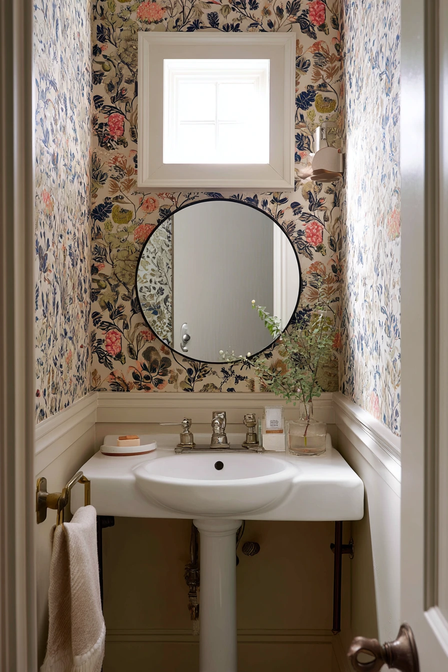 Powder Room Chair Rail with Wallpaper Above