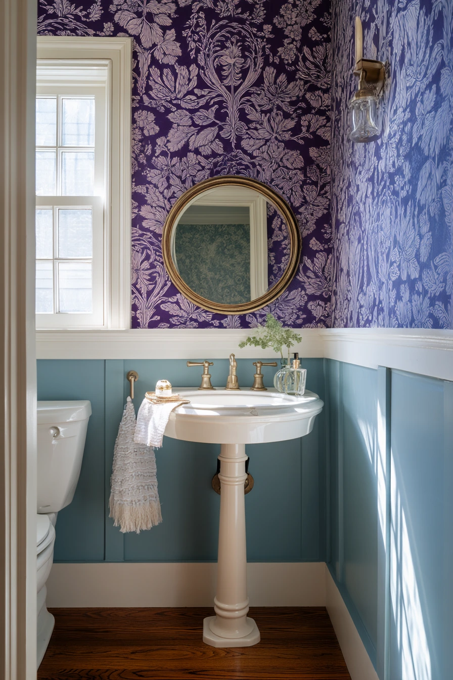 Powder Room Chair Rail with Wallpaper Above