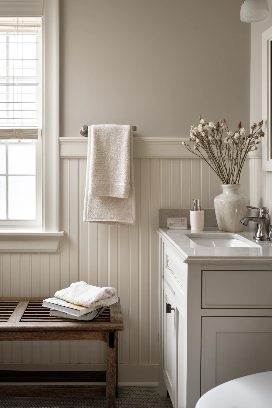Warm Neutral Chair Rail in a Minimal Guest Bath