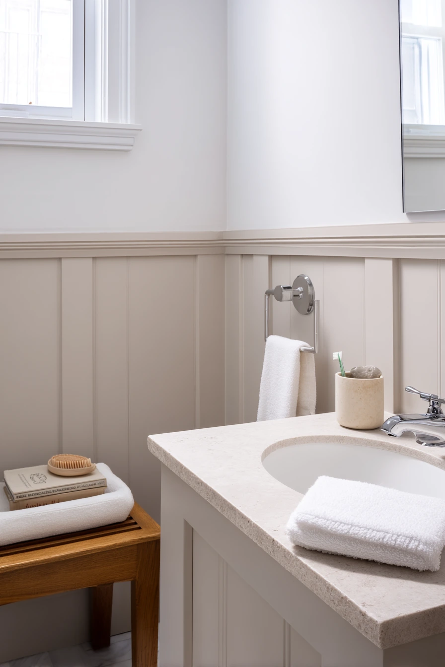 Warm Neutral Chair Rail in a Minimal Guest Bath