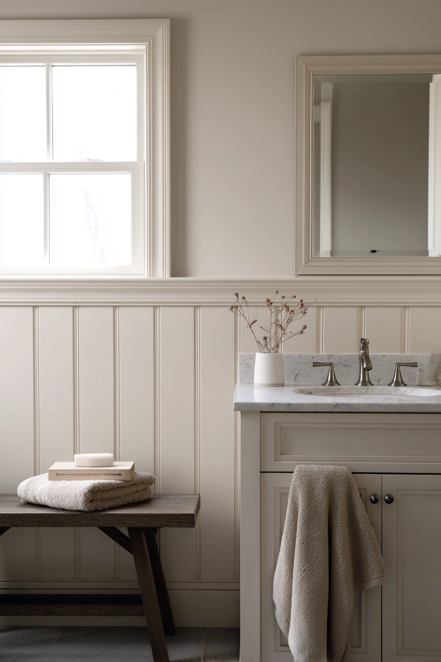 Warm Neutral Chair Rail in a Minimal Guest Bath