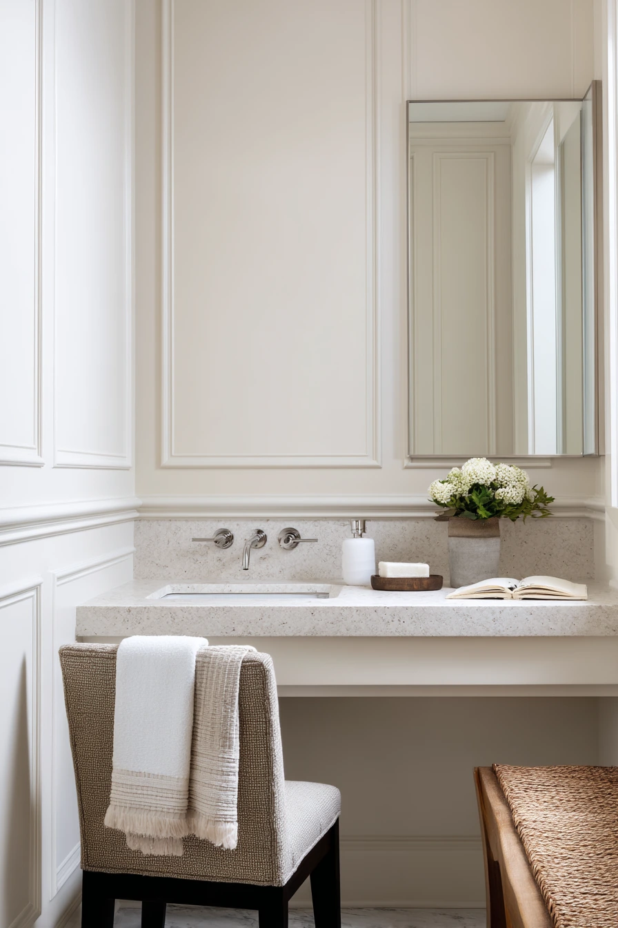 Warm Neutral Chair Rail in a Minimal Guest Bath