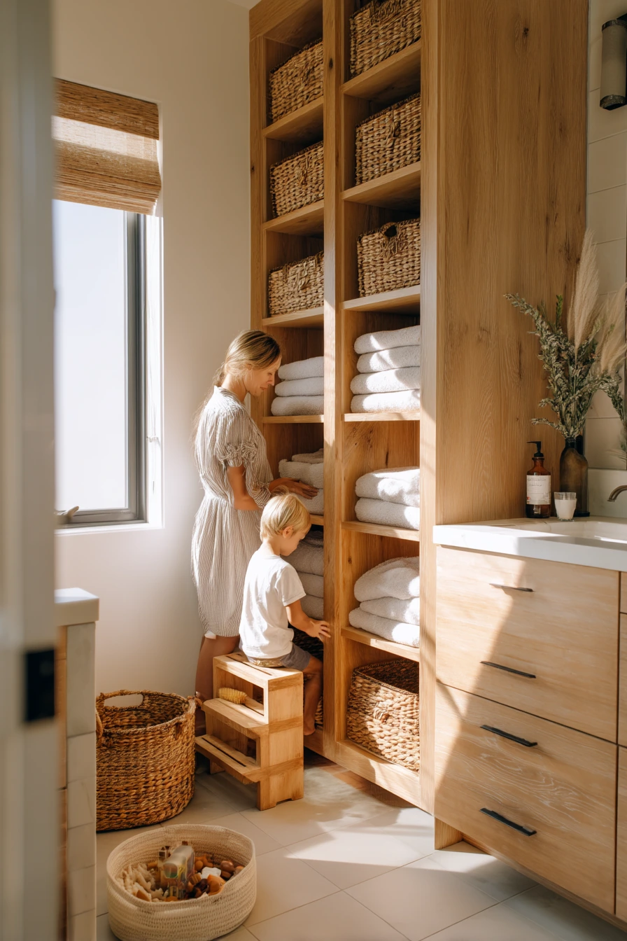 Tall Linen Closet in a Family Bath