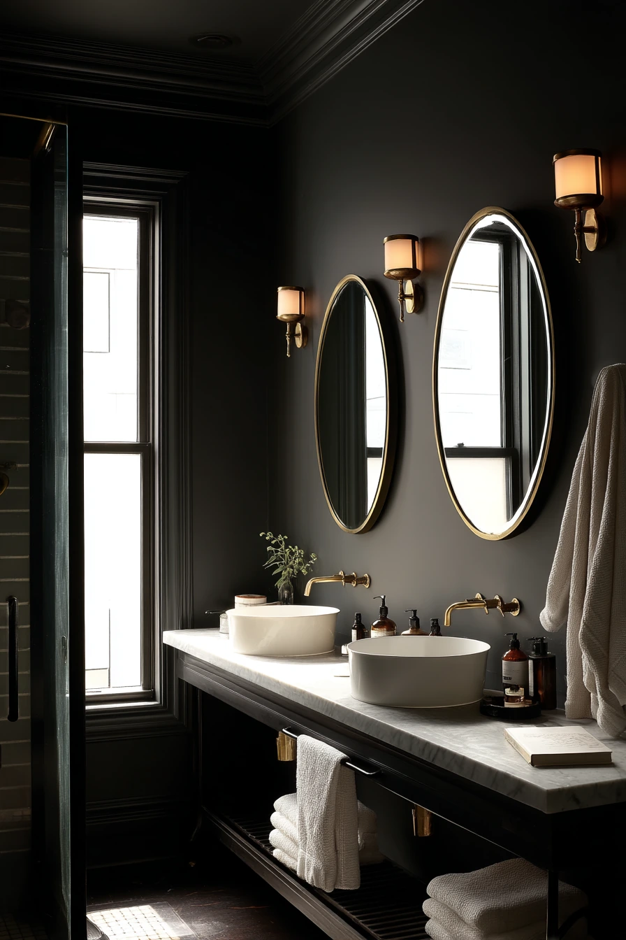 Moody Primary Bath with Dark Crown Trim