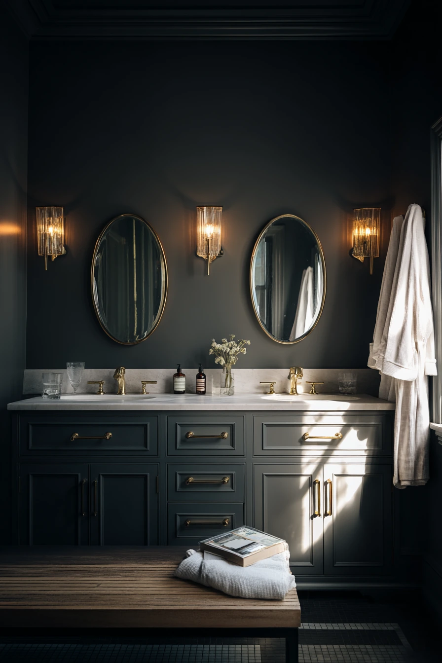 Moody Primary Bath with Dark Crown Trim