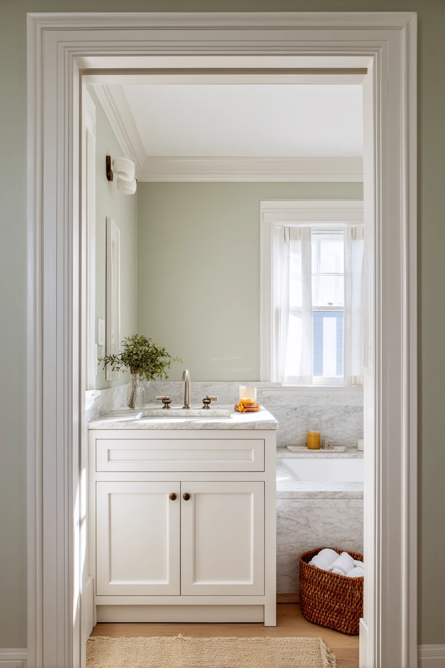 Classic White Bathroom with Painted Crown Molding