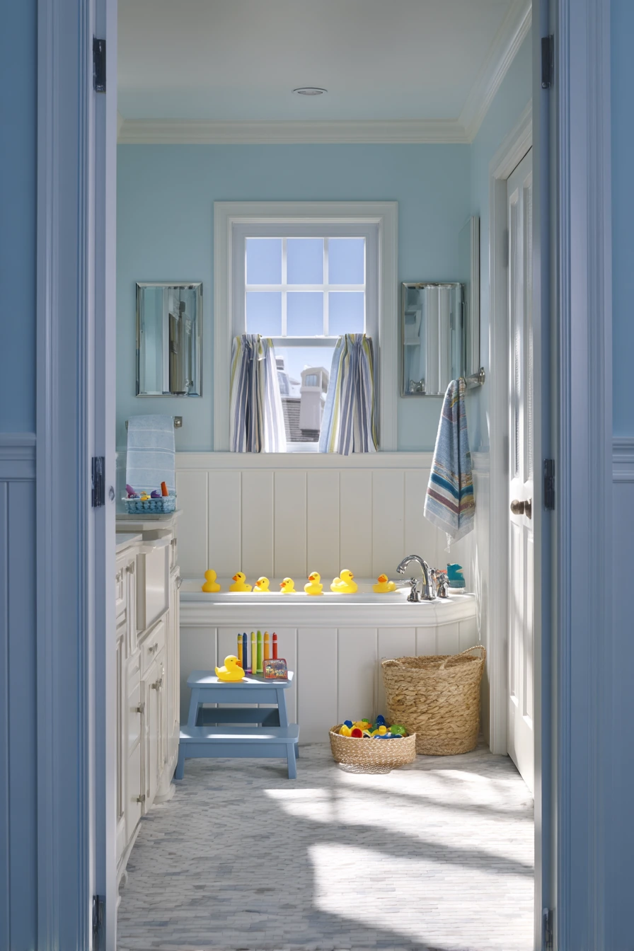 Kids’ Bathroom with Cheerful Crown Molding