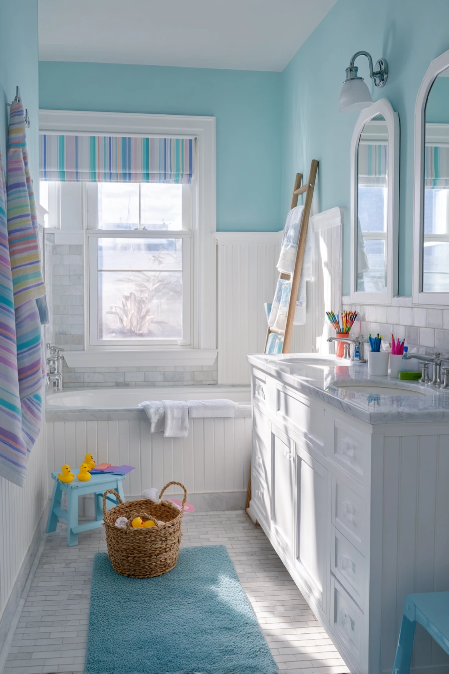 Kids’ Bathroom with Cheerful Crown Molding