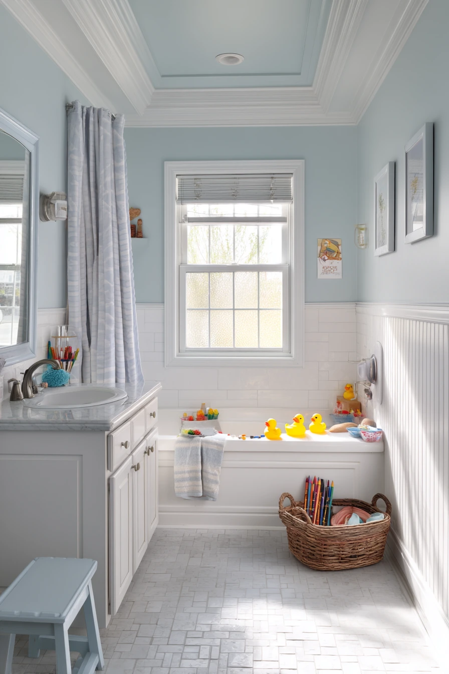 Kids’ Bathroom with Cheerful Crown Molding