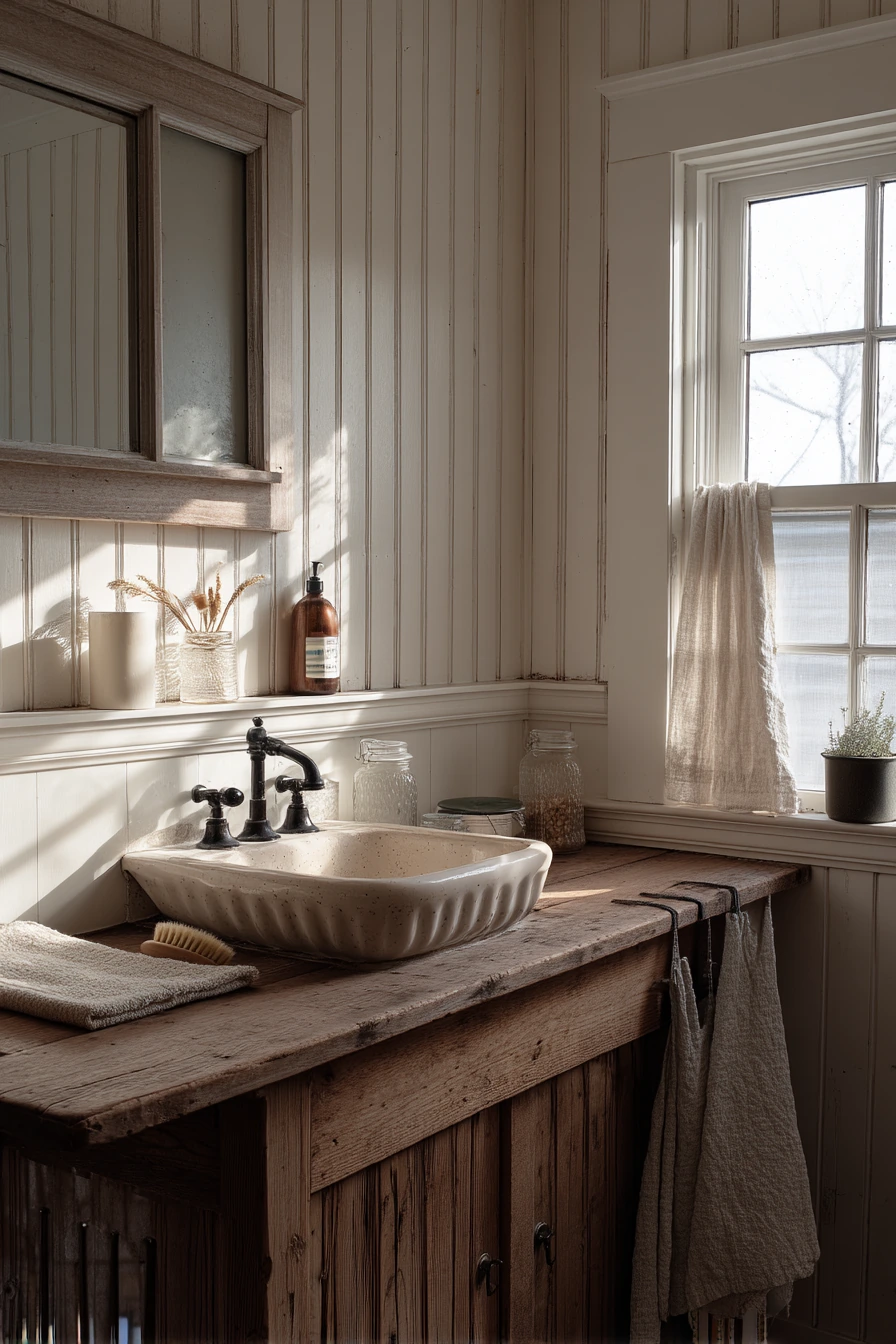 Farmhouse Bathroom with Chunky Crown and Worn Wood