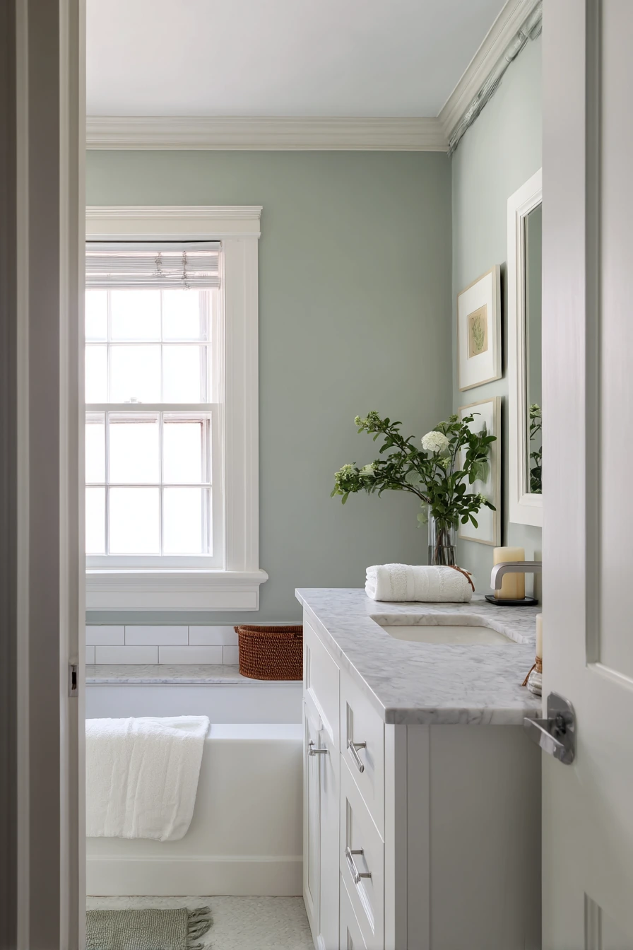 Classic White Bathroom with Painted Crown Molding