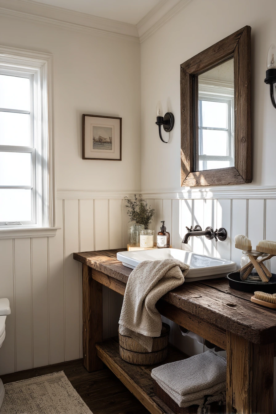 Farmhouse Bathroom with Chunky Crown and Worn Wood